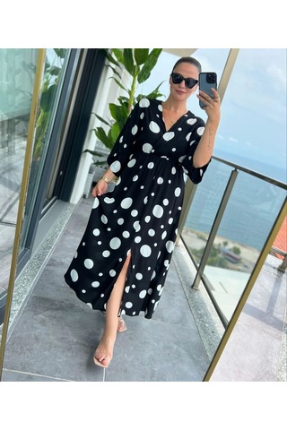 Kadın Puantiyeli Kruvaze Uzun Elbise Desenli