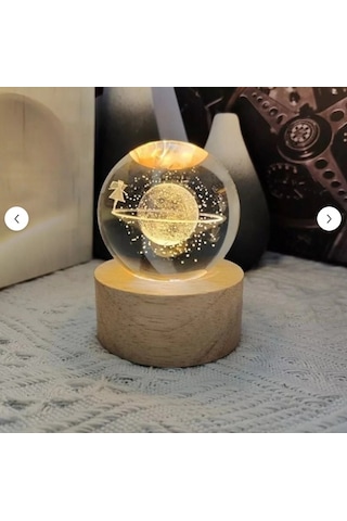 3d Kristal Cam Küre Ahşap Kaideli Gece Lambası - Satürn