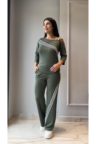 Tua Moda Kadın Uzun Kollu Truvakar Kol Tek Omuz Çapraz Şerit Detaylı Ribanalı Viskon Iki Iplik Bluz Ve Pantolon Ikili Takım Yeşil