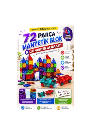 72 Parça Manyetik Yapı Blokları Ve 2'li Manyetik Araba Seti Eğitici Yapı Ve Tasarım Oyuncağı