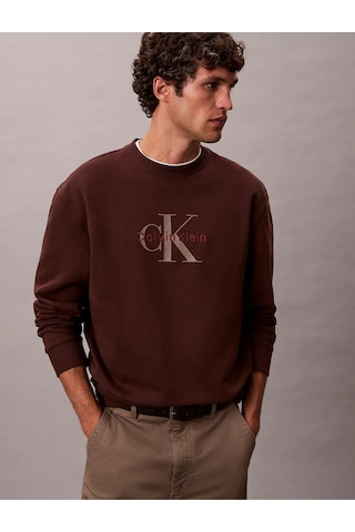 Erkek %100 Pamuklu Ck Logolu Yuvarlak Yakalı Uzun Kollu Kahverengi Sweatshirt Kahverengi