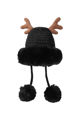 Kadınlar İçin Şık Noel Temalı Örgü Kulaklıklı Bere Renkli Boynuz Detaylı Sıcak Kış Şapkası Siyah