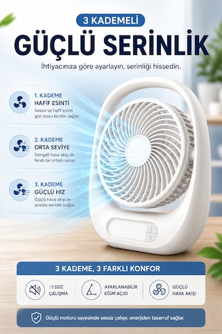 Şarjlı Led Masaüstü Fan 1800 Mah 3 Kademeli Taşınabilir Mini Auhma Masa Vantilatör Type-c Şarjlı 180 Dönebilen Başlık