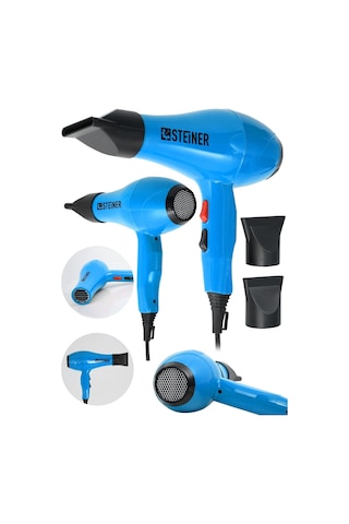 Alman 3600 Watt Profesyonel Saç Kurutma Makinesi Fön Makinesi Ac Motor Ms-9001 Mavi + 2 Adet Başlık