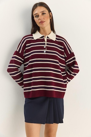 Shade Polo Yaka Çizgili Basic Triko Kazak 20258061 - Bordo