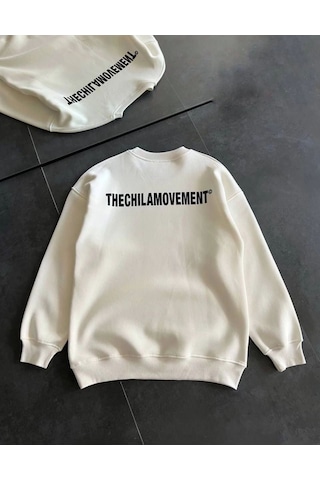 Velmora Fashion Erkek 3 İplik Pamuklu Kışlık Bisiklet Yaka Oversize Baskılı Sweatshirt - Beyaz