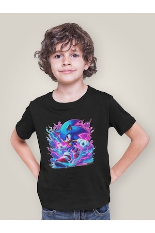 Sevbano Tasarım Süper Sonic Baskılı Unisex Çizgi Film Çocuk Tişört 1-12 Siyah