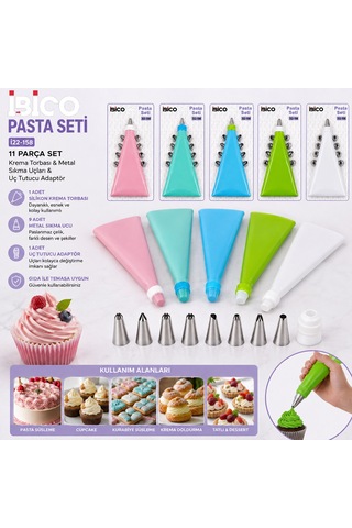 11 Parça Pasta Süsleme Seti, Krema Torbası + 9 Metal Uç + Adaptör Lunaev 12v