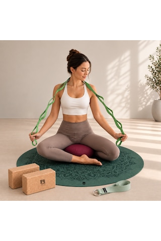 Meditasyon Ve Yoga Destek Seti - Oval Mat + Kadife Minder + Yoga Kemeri + Cork Blok 2li + Kademeli Germe Kayış Yeşil