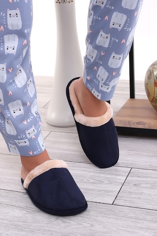 Wordex U050 Unisex Kışlık Ev İçi Terliği Kürklü Yünlü Terlik Lacivert