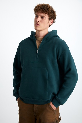 Grimelange Pavle Erkek Kapüşonlu Kanguru Cepli Fermuar Yakalı Yeşil Sweatshirt Yeşil