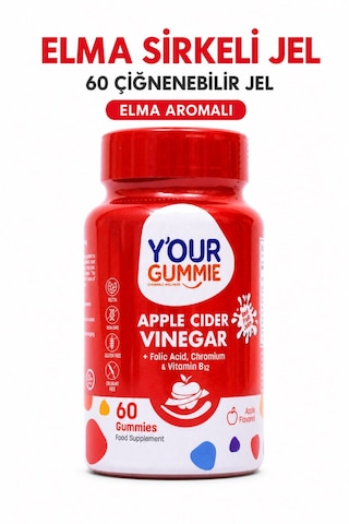 Y'our Gummie Apple Cider Vinegar Elma Sirkesi Folik Asit Krom ve B12 60 Gummies