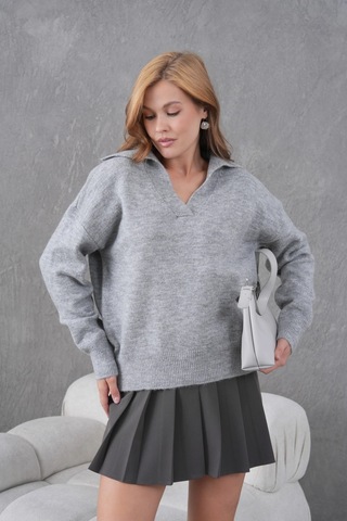 Park Karon Kadın Gri Polo Yaka Oversize Yarım Pat Yumuşak Dokulu Triko Kazak 8585sw Gri