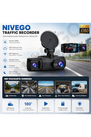 Nıvego Çift Kameralı Araç İçi Kamera Full Hd 1080p, Wifi, Gece Görüş, 180 Geniş Açı, G-sensör, 64gb Destekli Dash Cam