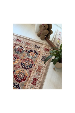 Alize Klasik Desenli Salon Halısı Etnik Motifli Saçaklı Dekoratif Bej Bordo Halı Bej