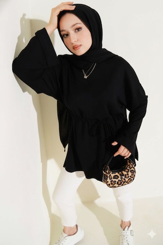 Unika Boutique Modal Kumaş Kuşaklı Tesettür Tunik Siyah