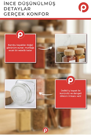 12'li Bambu Kapaklı Kare Cam Baharatlık Takımı - 120 Ml - Hediyeli Baharat Seti Şeffaf