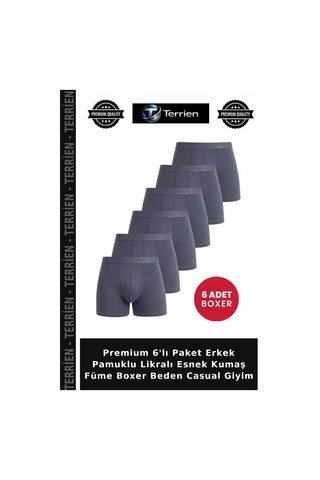 Terrien Premium 6'lı Paket Erkek Pamuklu Likralı Esnek Kumaş Füme Boxer Beden Casual Giyim