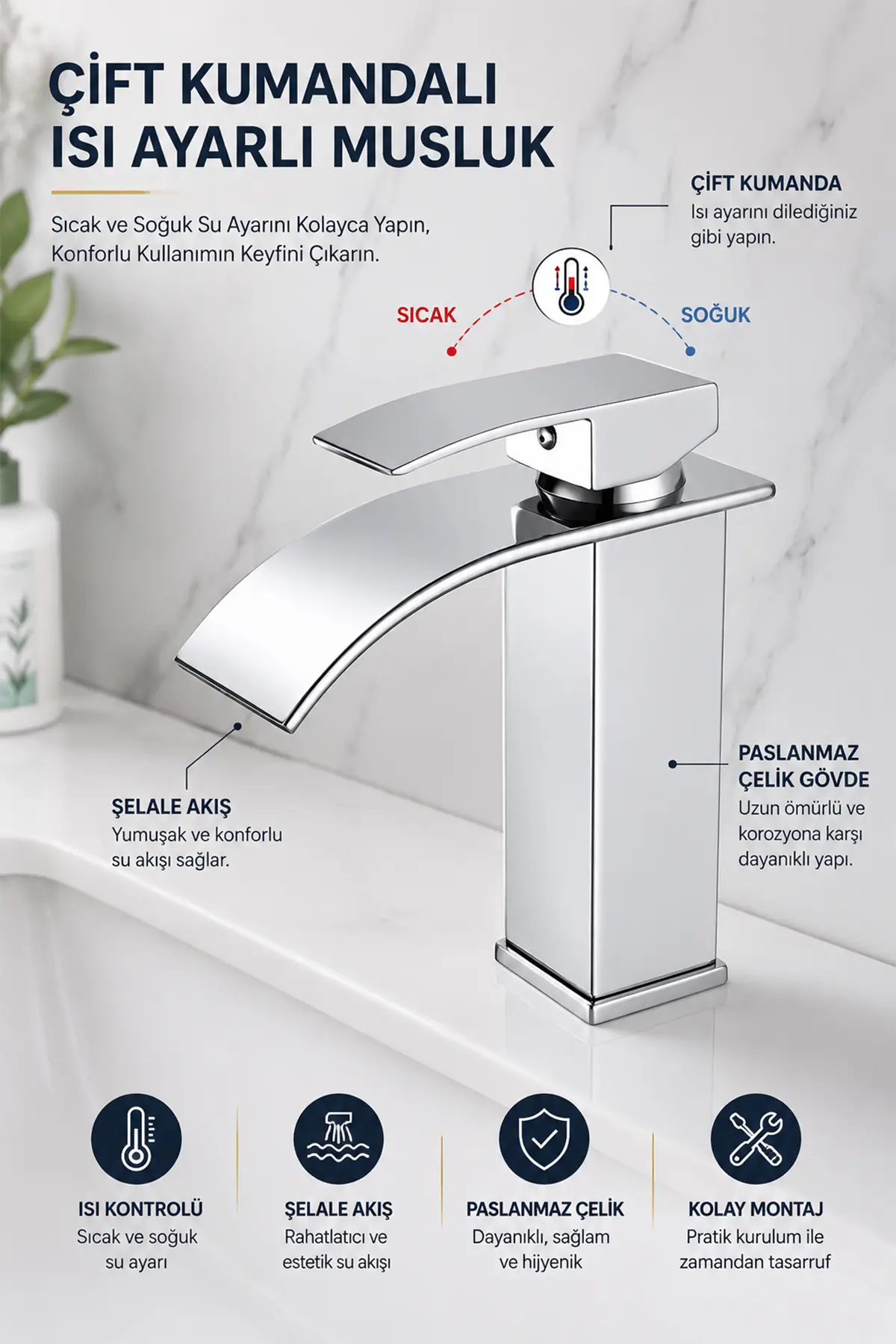 Krom Şelale Lavabo Bataryası Mat Siyah Kare Banyo Lavabo Musluğu Paslanmaz Gövde Tek Kollu Sıcak Soğuk Batarya Krom Gri