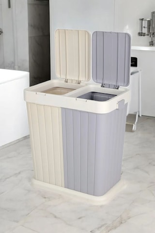 2 Bölmeli Kirli Temiz Çamaşır Sepeti 80 Lt Krem-gri Gri - Krem