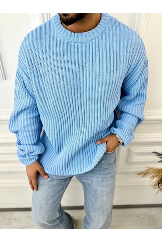 Elku Moda Oversize Kazak Bol Kesim Tüylenmeyen Salaş Triko Kazak Mavi