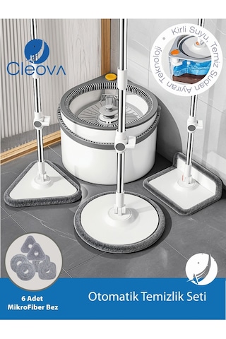 Cleova Yeni Tasarım Otomatik 360 Döner Mop Ve Temizlik Seti, 3 Başlıklı Paspas Mop