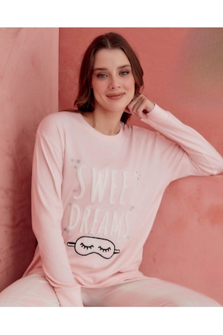Kadın Baskı Detaylı Uzun Kollu Likralı Pijama Takım Pembe