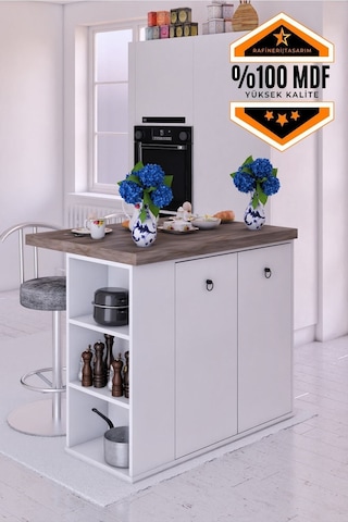 Mdf Adore Çok Amaçlı Mutfak Adası 2 Kapaklı Raflı Gri