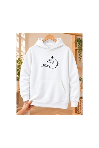 Mor Mürekkep Bozkurt Profili Ve Kavisli Göktürk Yazısı Baskılı Kapüşonlu Sweatshirt - Beyaz