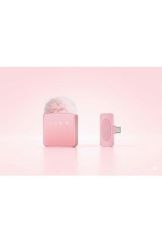 Puffmic Pembe Tüylü Kablosuz Tekli Yaka Mikrofonu Type-c Lighting Uyumlu Canlı Yayın Mikrofonu