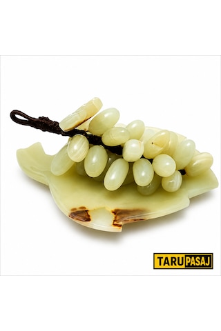Doğal Oniks Taş Yaprak Tabak & 30 Taneli Üzüm Salkımı Feng Shui Dekor Objesi Yeşil