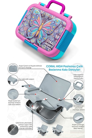 Coral High Pastel Renkli Kelebek Desenli Kız Çocuk Paslanmaz Çelik Beslenme/yemek Kabı - 39106 Gri - Pembe