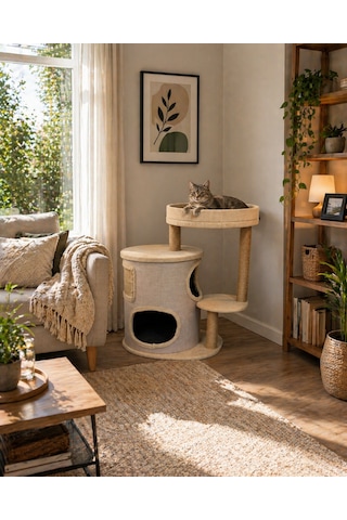Zen Modern Kedi Evi Tırmalama Direkli Konforlu Kedi Yuvası