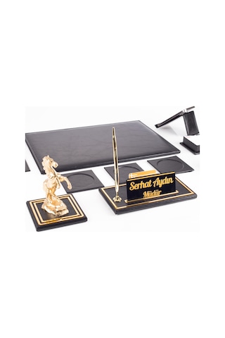 Opta 10 Parça Şahlanan At Biblolu Siyah Deri Sümen Seti Takımı Gold Kalem Ofis Masa İsimliği Lüks İsimlik