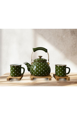 Morponi Retro Emaye Çaydanlık Ve Kupa Takımı 6 Parça Puantiyeli Set Yeşil Yeşil