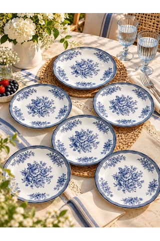 Mavi Antik 6 Kişilik Lüx Pasta Sunum Seti Pasta Tabağı 20 Cm Çok Renkli