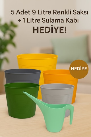 5 Li 9 Litre Renkli Kırılmaz Saksı Seti + 1 Litre Sulama Hediyeli Esnek Malzeme Tabaksız