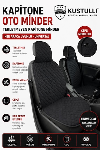 Kustulli 3'lü Pilot Kapitone Terletmeyen Oto Koltuk Minder Cepli Model Siyah Ön Arka Koltuk Minderi