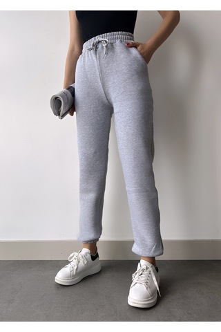 Gugus Trend Kadın Kışlık Kalın İçi Polarlı Yüksek Bel Paçası Lastikli Basic Jogger Eşofman Altı Gri
