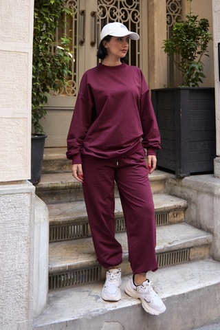 Mezka Regular Fit 2'li Takım Sweatshirt Beli Lastikli Jogger Eşofman Altı Bordo