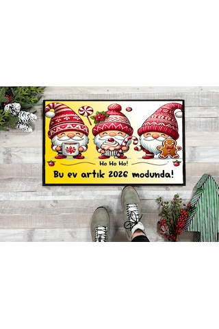 Noel Cüceleri Yılbaşı Tasarımlı Kapı Önü Paspası 60x40 Cm Paspas Çok Renkli