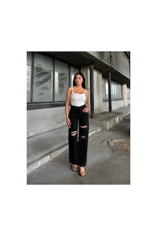 Kene Jeans Çift Diz Lazer Yırtık Siyah Bol Paça Jeans Siyah