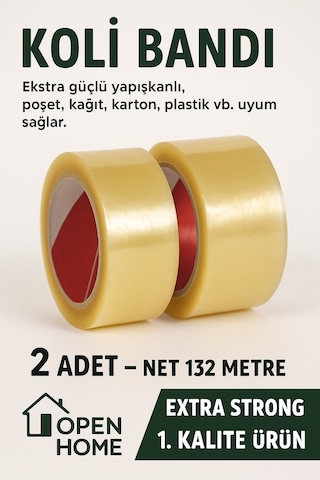 2 Adet-132 Metre Şeffaf Koli Bandı Extra Strong 40 Micron Kalınlık, Güçlü Yapışkan Diğer