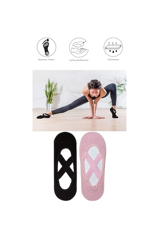 2 Adet Kadın Kaydırmaz Tabanlı Yoga Pilates Fitness Dans Ve Spor Çorabı Siyah - Pembe