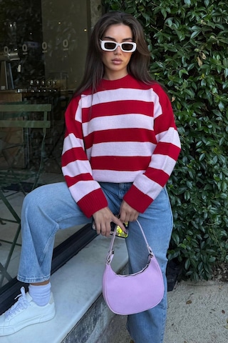 Pudra Bisiklet Yaka Çizgili Oversize Triko Kazak Mg1972 Pudra