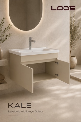 Lode Bath Kale Demonte Lavabolu Alt Banyo Dolabı, Seramik Lavabo Dahil 80 Cm Kumtaşı