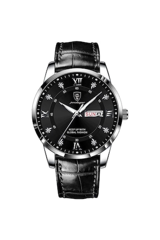 Poedagar 836 Aydınlık Çift Takvim Erkek Saati Gümüş Kabuklu Siyah Deri Kemer