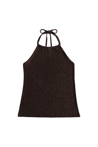 Cottonhıll Premium - Tide Collection Kahverengi Halter Yaka Boyundan Bağlamalı Bürümcük Dokulu Kadın Crop Bluz
