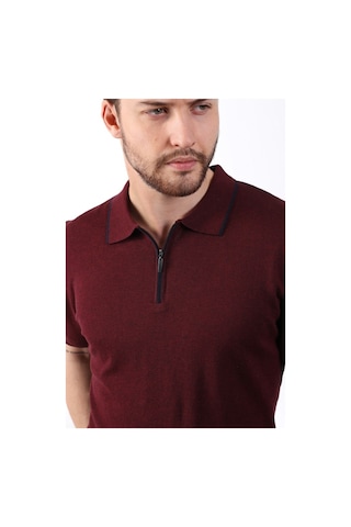 Ferraro Bordo Yaka Şerit Fermuarlı Erkek Pamuk Triko T-Shirt-Bordo