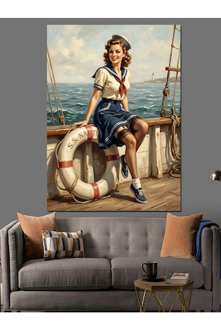 Gemide Can Simidiyle Oturan Pin-up Dekoratif Kanvas - Mdf Ahşap Tablo